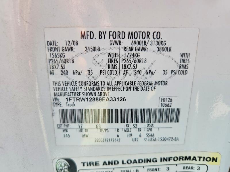 65748576 :رقم المزاد ، 1FTRW12889FA33126 vin ، 2009 Ford F150 مزاد بيع