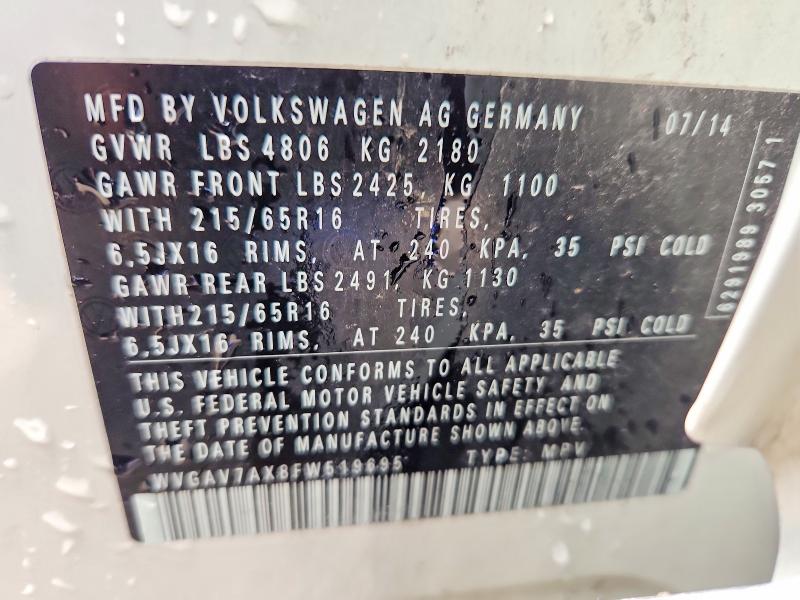 66277156 :رقم المزاد ، WVGAV7AX8FW519695 vin ، 2015 Volkswagen Tiguan مزاد بيع