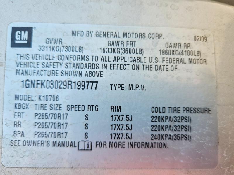 62116896 :رقم المزاد ، 1GNFK03029R199777 vin ، 2009 Chevrolet Tahoe مزاد بيع