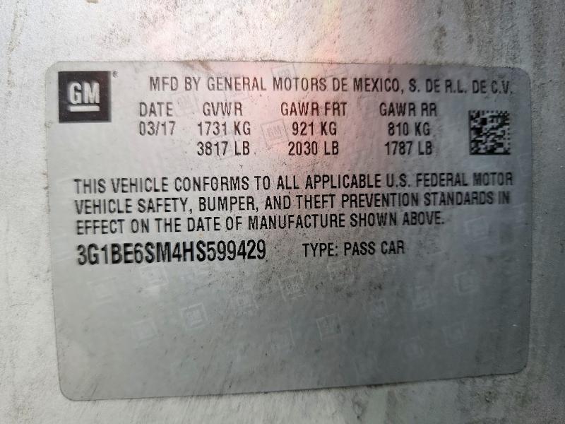 Aukcja sprzedaży 2017 Chevrolet Cruze, vin: 3G1BE6SM4HS599429, numer aukcji: 62604226