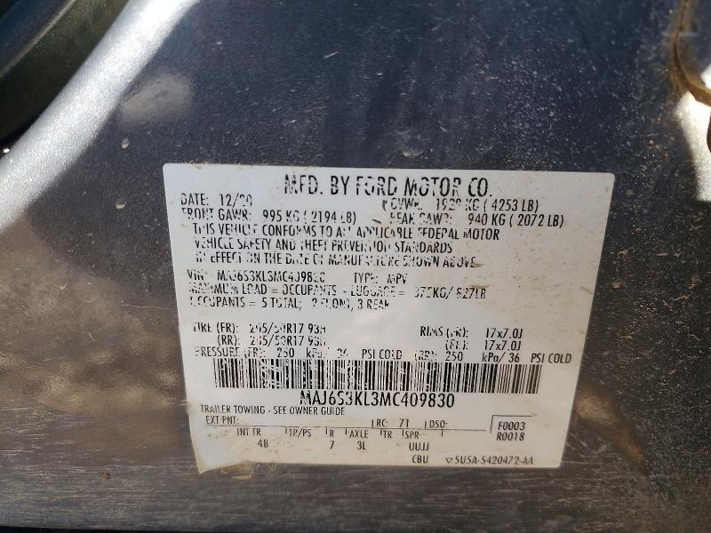 65752566 :رقم المزاد ، MAJ6S3KL3MC409830 vin ، 2021 Ford Ecosport مزاد بيع