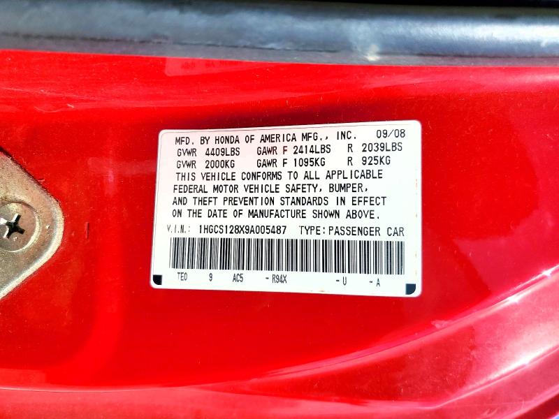 Aukcja sprzedaży 2009 Honda Accord, vin: 1HGCS128X9A005487, numer aukcji: 64952376