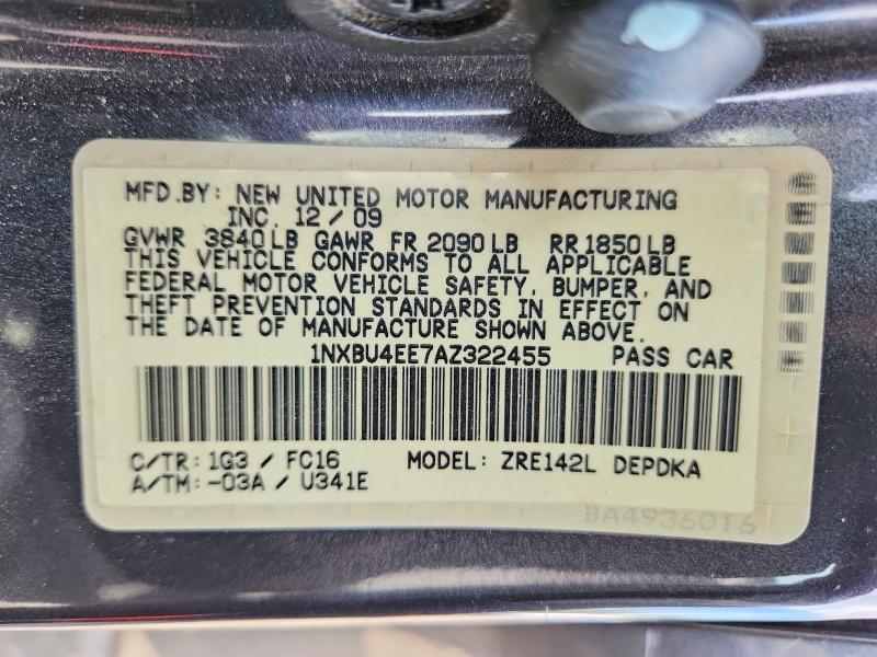 2010 Toyota Corolla მანქანა იყიდება აუქციონზე, vin: 1NXBU4EE7AZ322455, აუქციონის ნომერი: 65680156