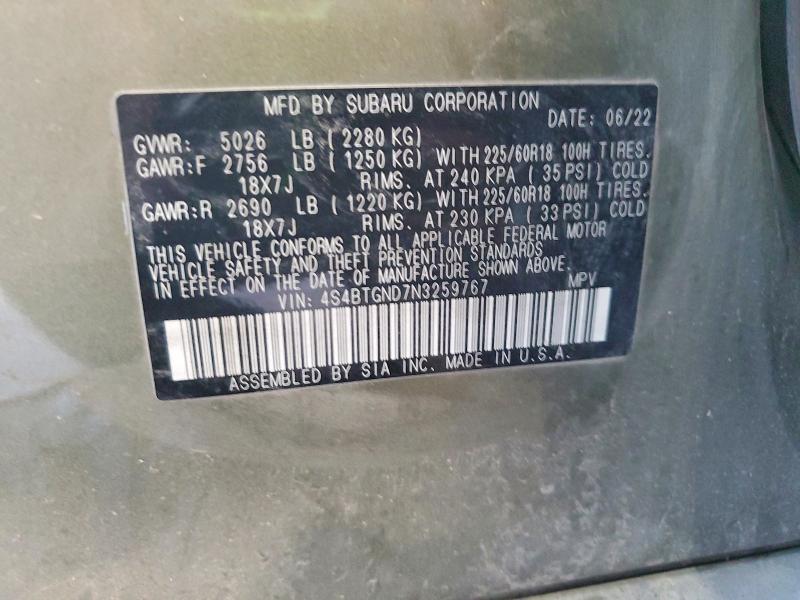 Продаж на аукціоні авто 2022 Subaru Outback, vin: 4S4BTGND7N3259767, номер лоту: 66716616
