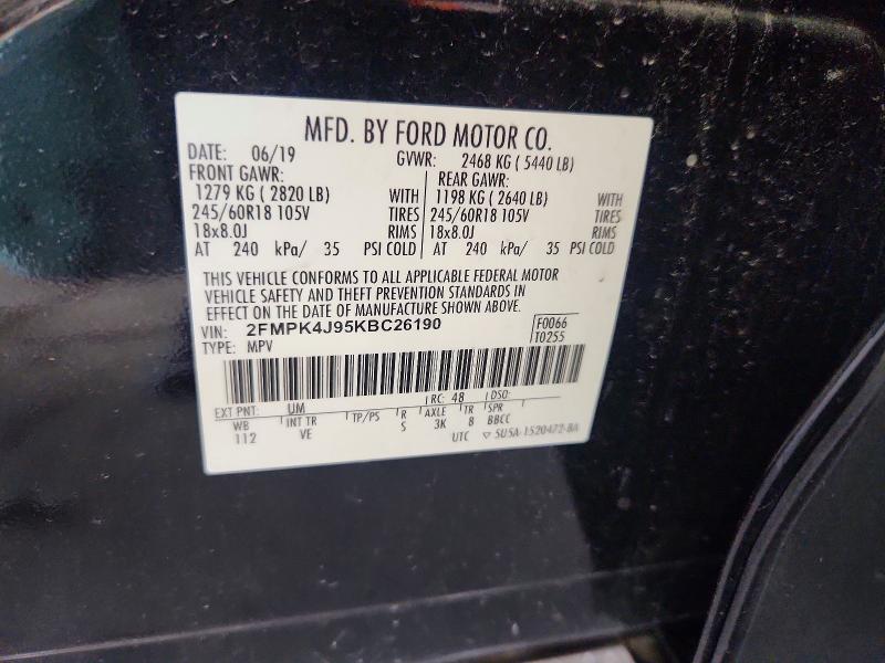 62562396 :رقم المزاد ، 2FMPK4J95KBC26190 vin ، 2019 Ford Edge مزاد بيع