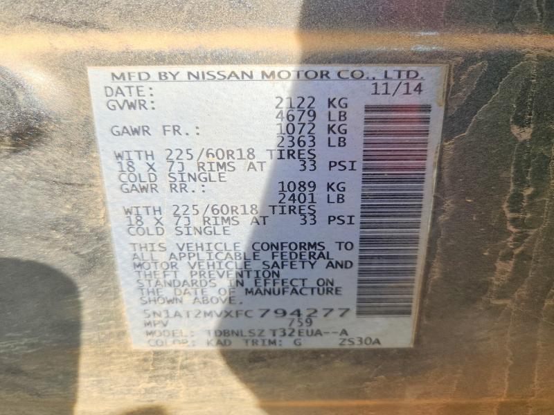 2015 Nissan Rogue მანქანა იყიდება აუქციონზე, vin: 5N1AT2MVXFC794277, აუქციონის ნომერი: 67035326