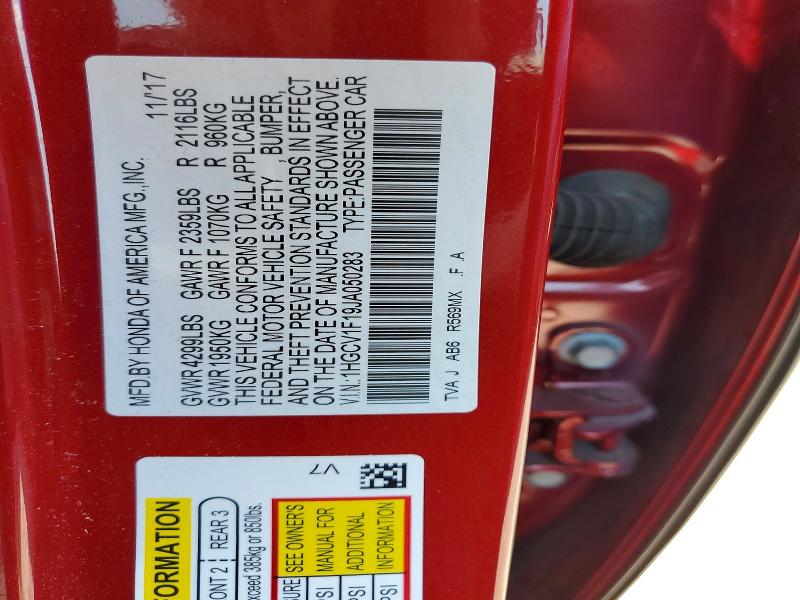2018 Honda Accord მანქანა იყიდება აუქციონზე, vin: 1HGCV1F19JA050283, აუქციონის ნომერი: 65913946