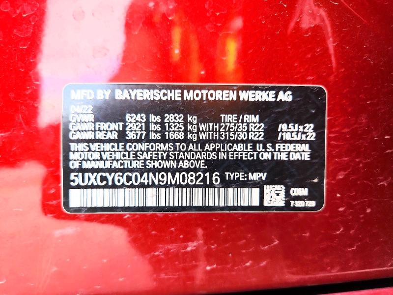 67094796 :رقم المزاد ، 5UXCY6C04N9M08216 vin ، 2022 Bmw X6 مزاد بيع