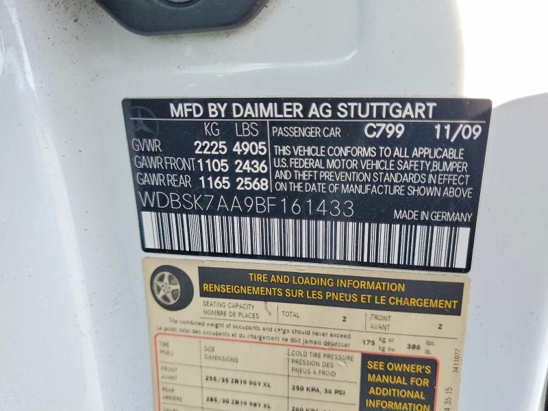 Aukcja sprzedaży 2011 Mercedes-benz Sl, vin: WDBSK7AA9BF161433, numer aukcji: 65220036