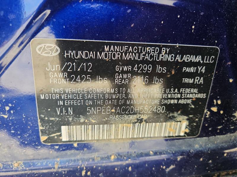 2013 Hyundai Sonata მანქანა იყიდება აუქციონზე, vin: 5NPEB4AC2DH552480, აუქციონის ნომერი: 65491536