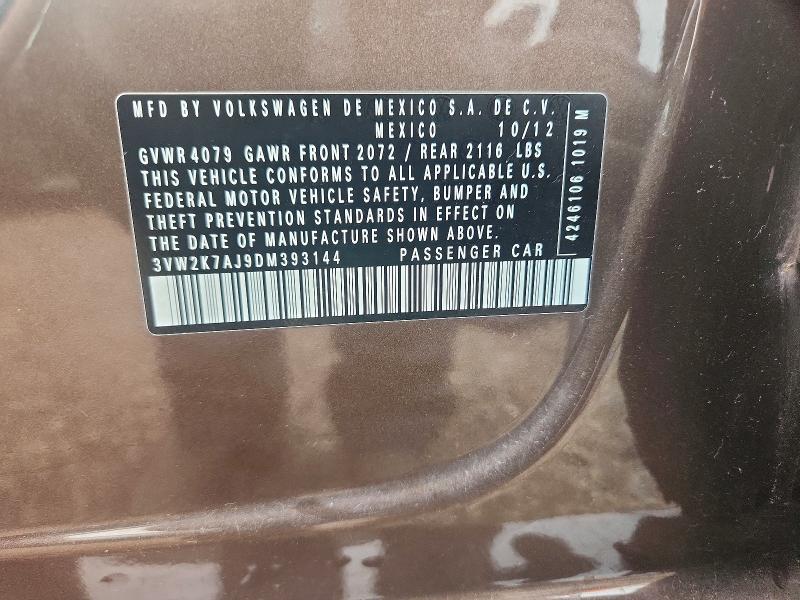 2013 Volkswagen Jetta მანქანა იყიდება აუქციონზე, vin: 3VW2K7AJ9DM393144, აუქციონის ნომერი: 65266356