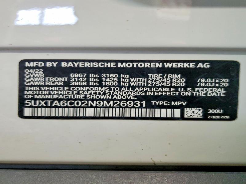 2022 Bmw X5 მანქანა იყიდება აუქციონზე, vin: 5UXTA6C02N9M26931, აუქციონის ნომერი: 67076826