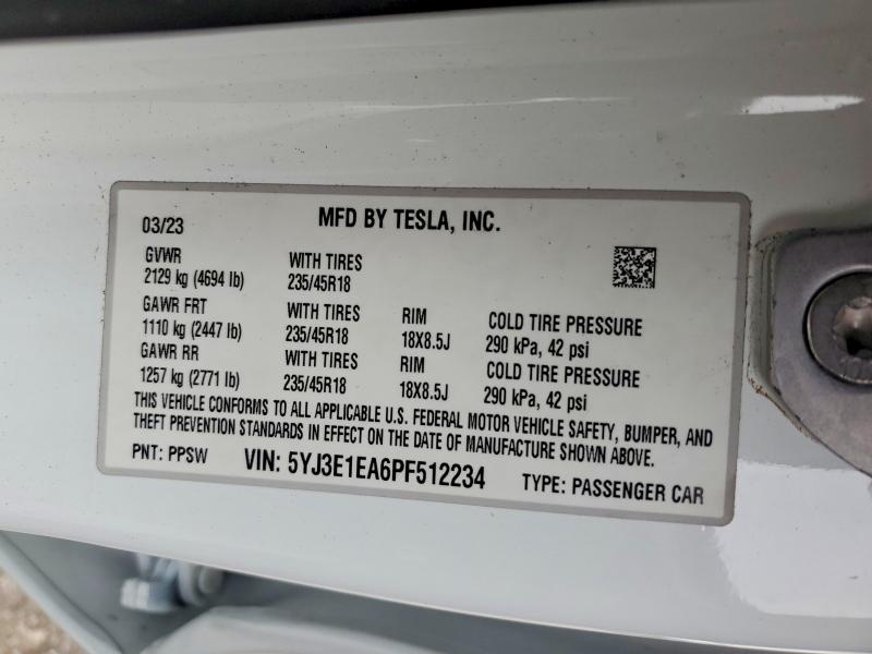 Продажа на аукционе авто 2023 Tesla Model 3, vin: 5YJ3E1EA6PF512234, номер лота: 63345166