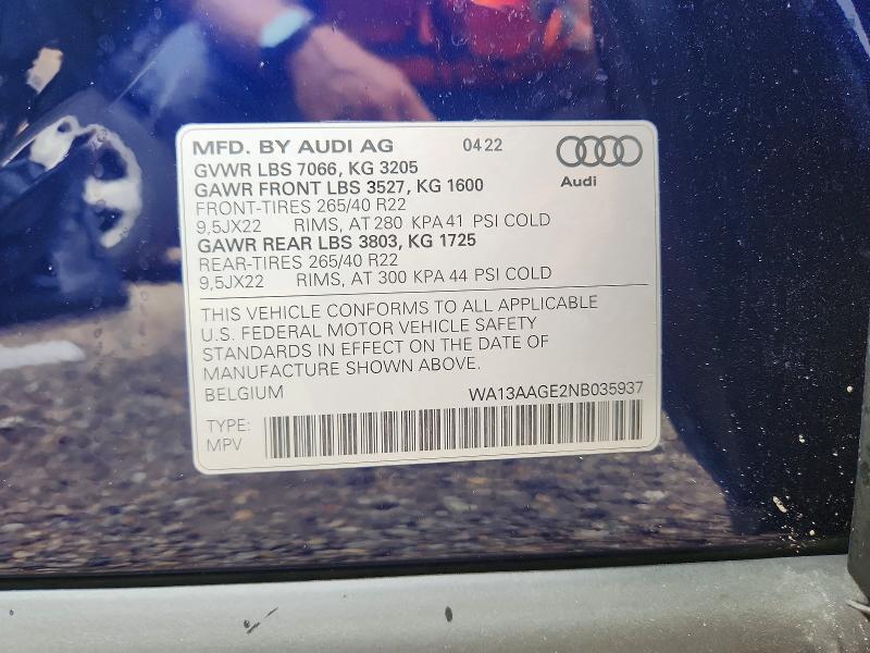 64579756 :رقم المزاد ، WA13AAGE2NB035937 vin ، 2022 Audi E-tron مزاد بيع