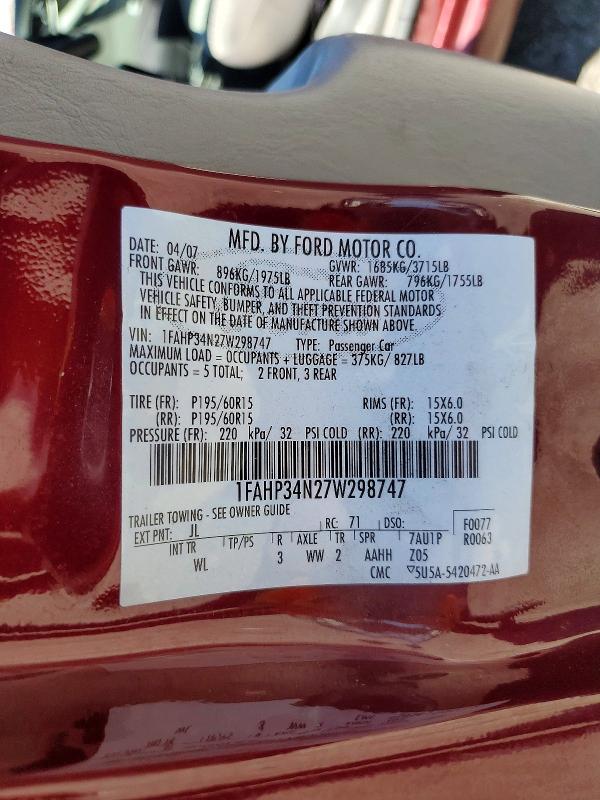 2007 Ford Focus მანქანა იყიდება აუქციონზე, vin: 1FAHP34N27W298747, აუქციონის ნომერი: 64936746