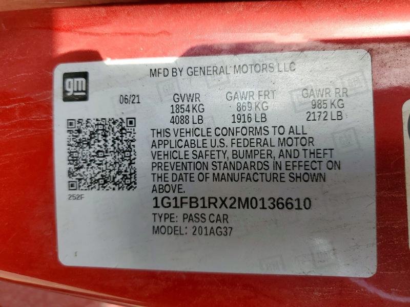 Aukcja sprzedaży 2021 Chevrolet Camaro, vin: 1G1FB1RX2M0136610, numer aukcji: 63817606