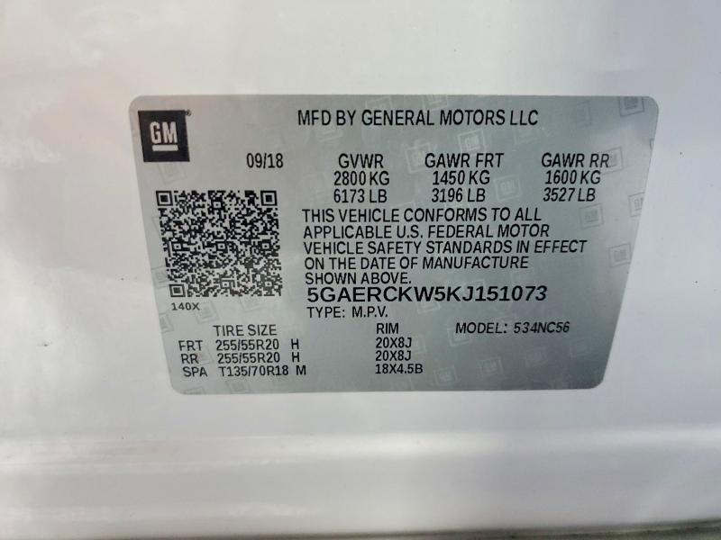 2019 Buick Enclave მანქანა იყიდება აუქციონზე, vin: 5GAERCKW5KJ151073, აუქციონის ნომერი: 65822456