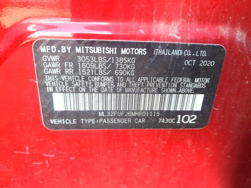2021 Mitsubishi Mirage მანქანა იყიდება აუქციონზე, vin: ML32FUFJ6MHF01115, აუქციონის ნომერი: 65739586