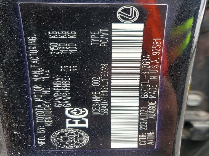 65947516 :رقم المزاد ، 58ADZ1B16NU116228 vin ، 2022 Lexus Es 350 مزاد بيع