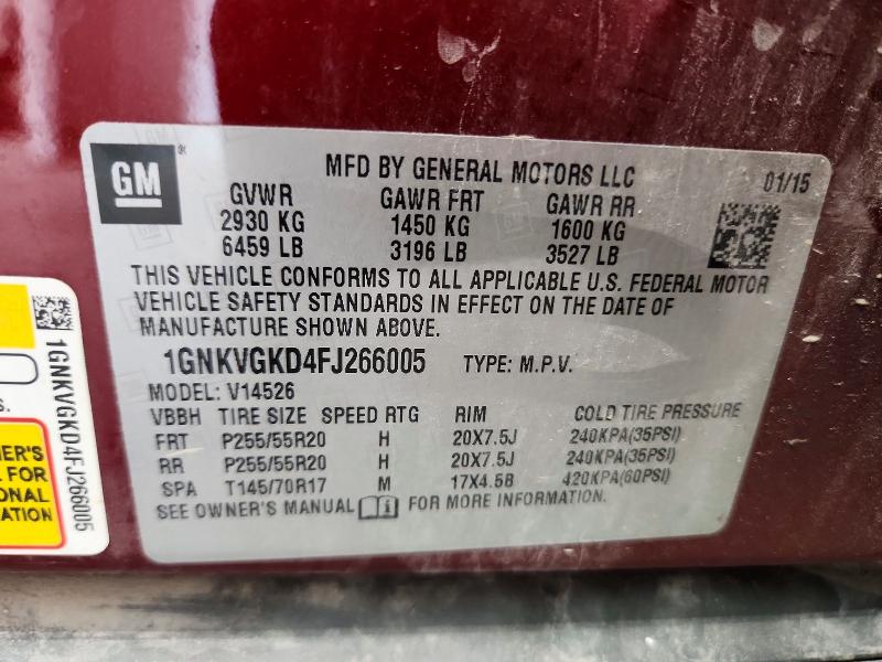 66772346 :رقم المزاد ، 1GNKVGKD4FJ266005 vin ، 2015 Chevrolet Traverse مزاد بيع