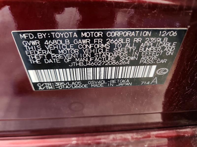62998996 :رقم المزاد ، JTHBJ46G272086264 vin ، 2007 Lexus Es مزاد بيع