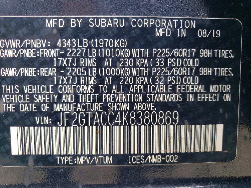 Продажа на аукционе авто 2019 Subaru Crosstrek, vin: JF2GTACC4K8380869, номер лота: 66424466