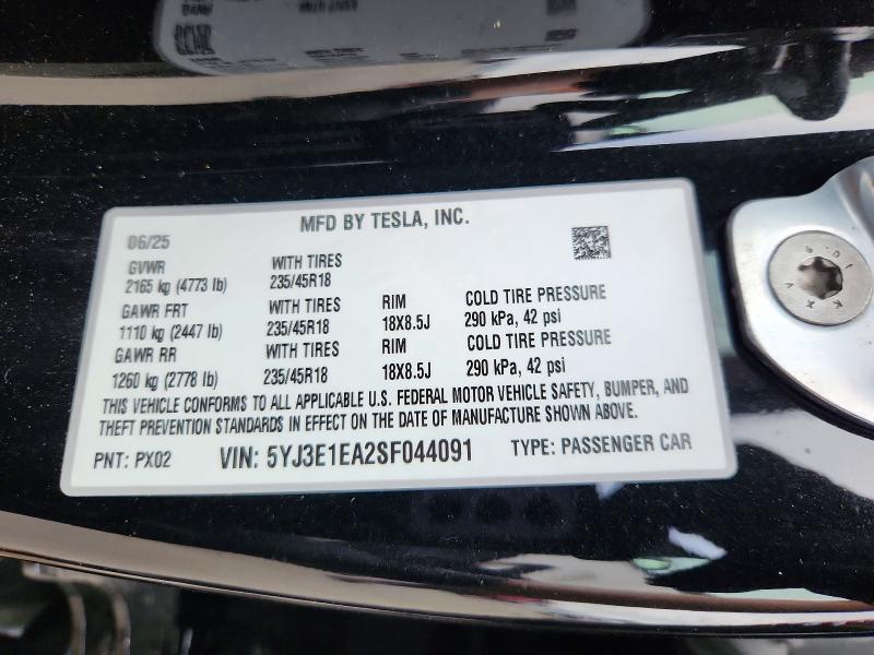 Aukcja sprzedaży 2025 Tesla Model 3, vin: 5YJ3E1EA2SF044091, numer aukcji: 64025316