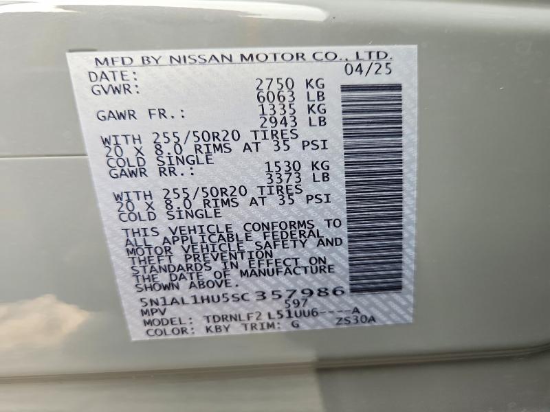 62666306 :رقم المزاد ، 5N1AL1HU5SC357986 vin ، 2025 Infiniti Qx60 مزاد بيع