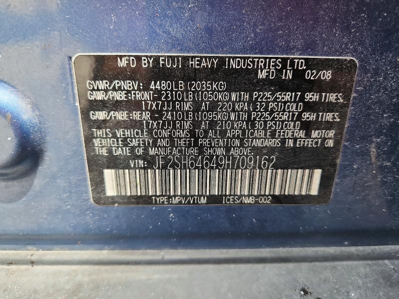 2009 Subaru Forester მანქანა იყიდება აუქციონზე, vin: JF2SH64649H709162, აუქციონის ნომერი: 62790116