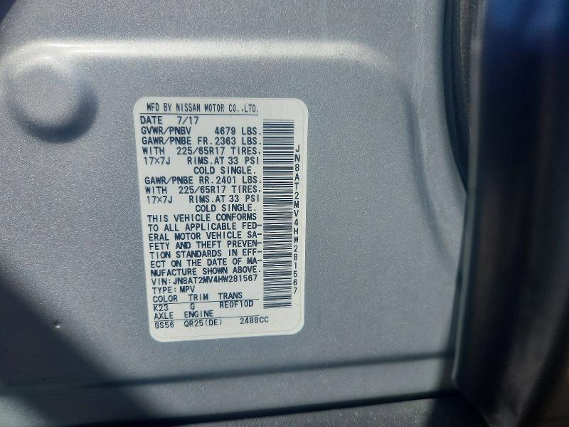 66729776 :رقم المزاد ، JN8AT2MV4HW281567 vin ، 2017 Nissan Rogue مزاد بيع