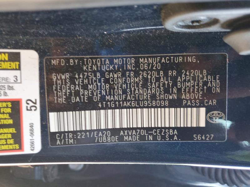 66026626 :رقم المزاد ، 4T1G11AK6LU958098 vin ، 2020 Toyota Camry مزاد بيع