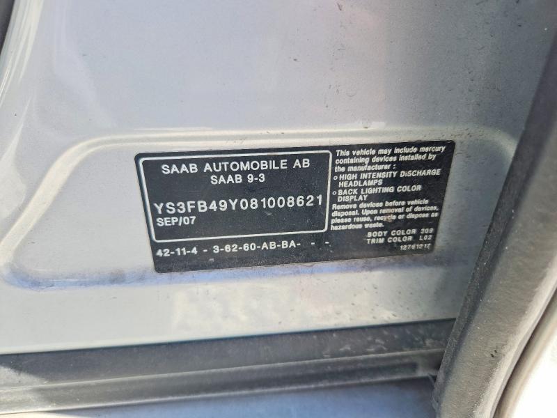 65161286 :رقم المزاد ، YS3FB49Y081008621 vin ، 2008 Saab 9-3 مزاد بيع