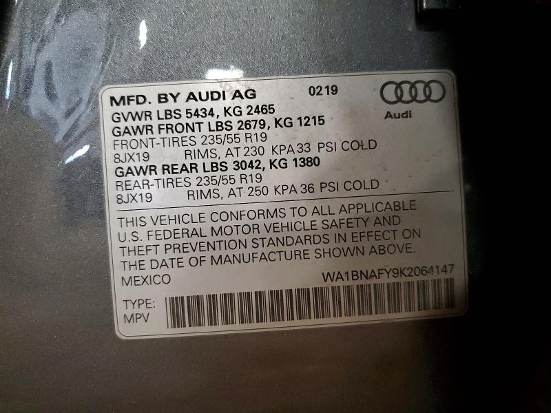 2019 Audi Q5 მანქანა იყიდება აუქციონზე, vin: WA1BNAFY9K2064147, აუქციონის ნომერი: 66547436