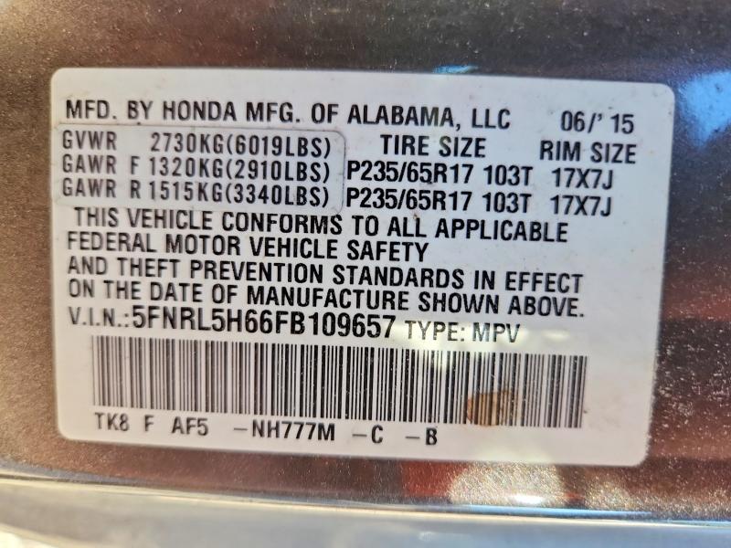64502966 :رقم المزاد ، 5FNRL5H66FB109657 vin ، 2015 Honda Odyssey مزاد بيع
