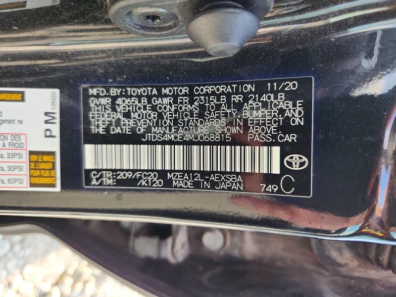 2021 Toyota Corolla მანქანა იყიდება აუქციონზე, vin: JTDS4MCE4MJ068815, აუქციონის ნომერი: 63857676