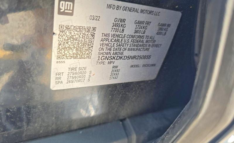 2022 Chevrolet Suburban K მანქანა იყიდება აუქციონზე, vin: 1GNSKDKD5NR250855, აუქციონის ნომერი: 66272456