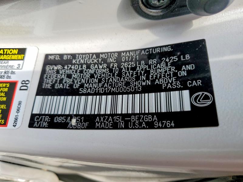 Продаж на аукціоні авто 2021 Lexus Es 250, vin: 58AD11D17MU005013, номер лоту: 64968106