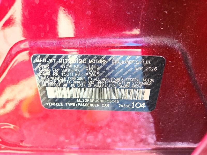 2017 Mitsubishi Mirage მანქანა იყიდება აუქციონზე, vin: ML32F3FJ9HHF05045, აუქციონის ნომერი: 63553866