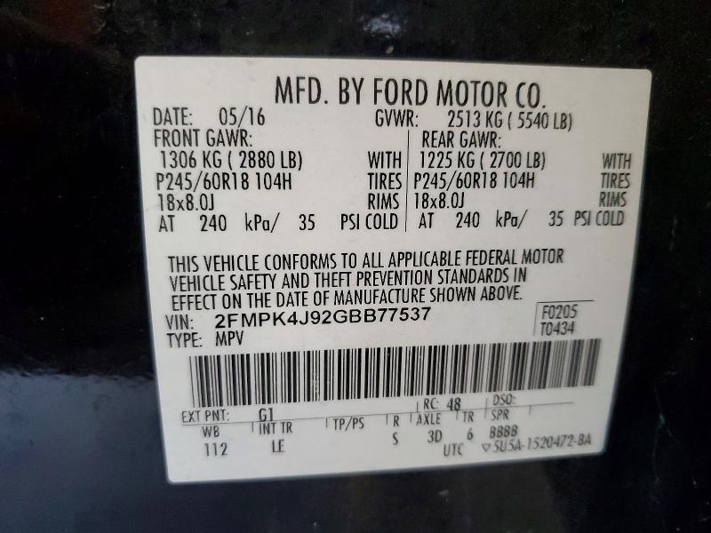 Aukcja sprzedaży 2016 Ford Edge, vin: 2FMPK4J92GBB77537, numer aukcji: 66453226