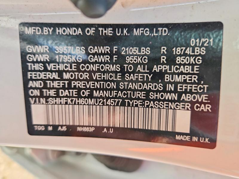 2021 Honda Civic მანქანა იყიდება აუქციონზე, vin: SHHFK7H60MU214577, აუქციონის ნომერი: 66999456