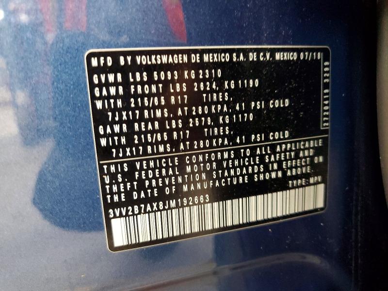 62724356 :رقم المزاد ، 3VV2B7AX8JM192663 vin ، 2018 Volkswagen Tiguan مزاد بيع