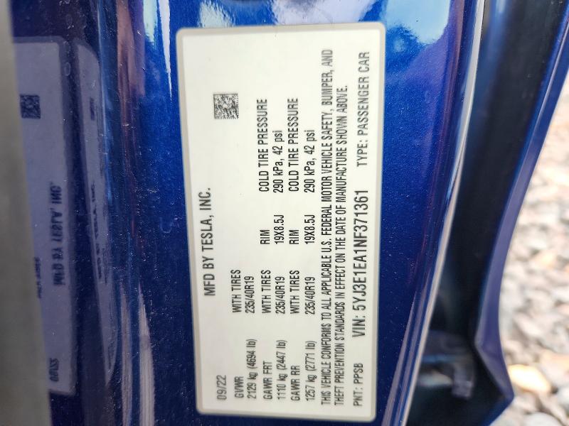 65364346 :رقم المزاد ، 5YJ3E1EA1NF371361 vin ، 2022 Tesla Model 3 مزاد بيع