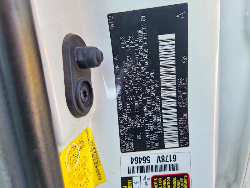 65861506 :رقم المزاد ، 5TDKA3DC0CS013991 vin ، 2012 Toyota Sienna مزاد بيع