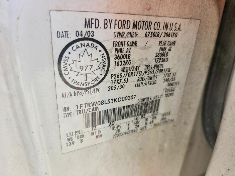 Aukcja sprzedaży 2003 Ford F150, vin: 1FTRW08L53KD00307, numer aukcji: 65919076