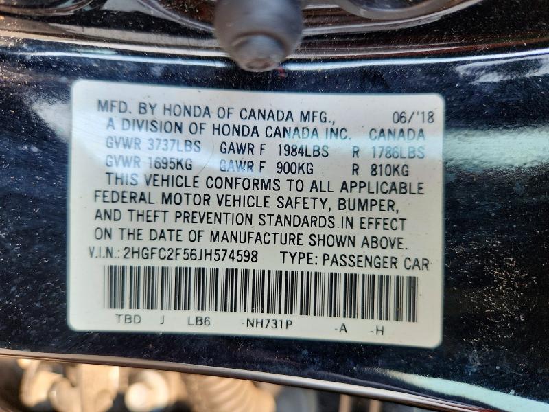 Продаж на аукціоні авто 2018 Honda Civic, vin: 2HGFC2F56JH574598, номер лоту: 64892486