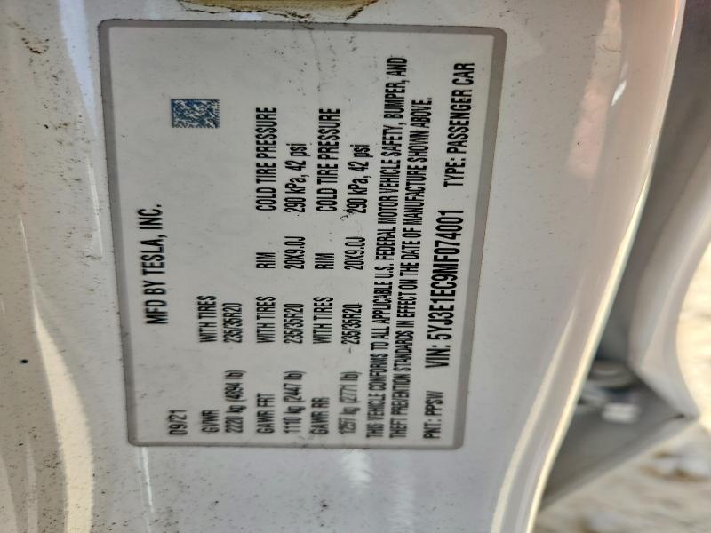 66639236 :رقم المزاد ، 5YJ3E1EC9MF074001 vin ، 2021 Tesla Model 3 مزاد بيع