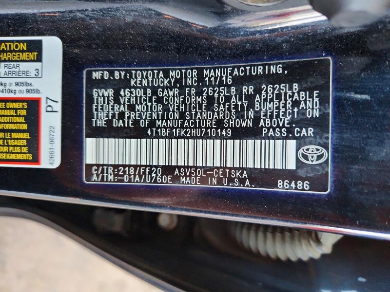 65843926 :رقم المزاد ، 4T1BF1FK2HU710149 vin ، 2017 Toyota Camry مزاد بيع