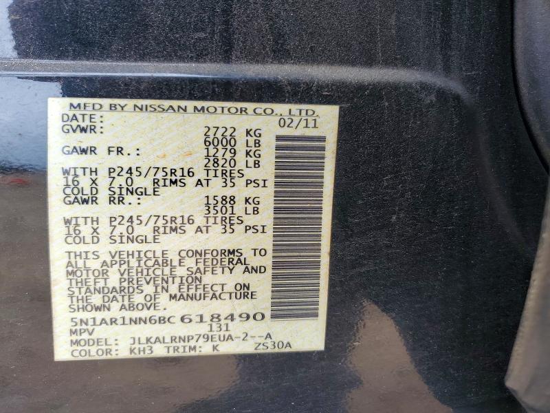 2011 Nissan Pathfinder მანქანა იყიდება აუქციონზე, vin: 5N1AR1NN6BC618490, აუქციონის ნომერი: 63325326