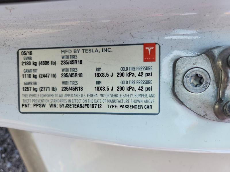 2018 Tesla Model 3 მანქანა იყიდება აუქციონზე, vin: 5YJ3E1EA6JF019712, აუქციონის ნომერი: 64456746