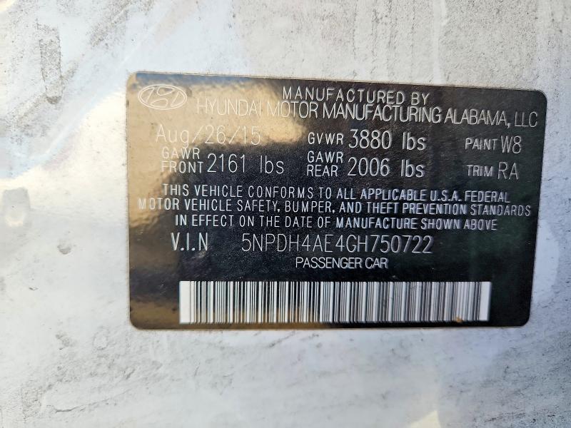 63810526 :رقم المزاد ، 5NPDH4AE4GH750722 vin ، 2016 Hyundai Elantra مزاد بيع